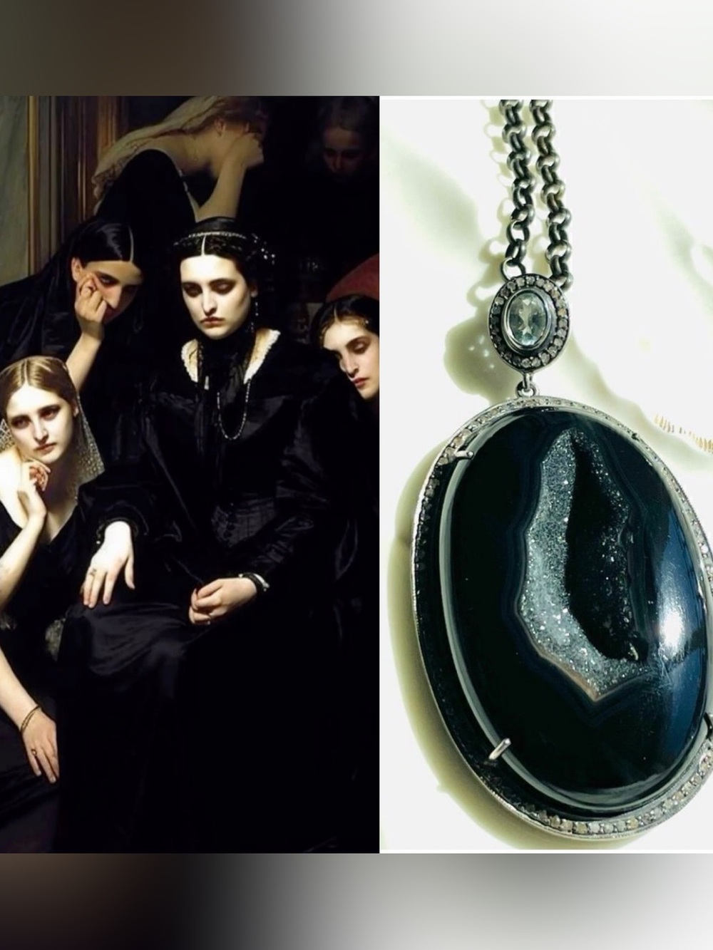 ♥️  Black Druzy Agate Pavé Diamonds White Topaz pendant necklace